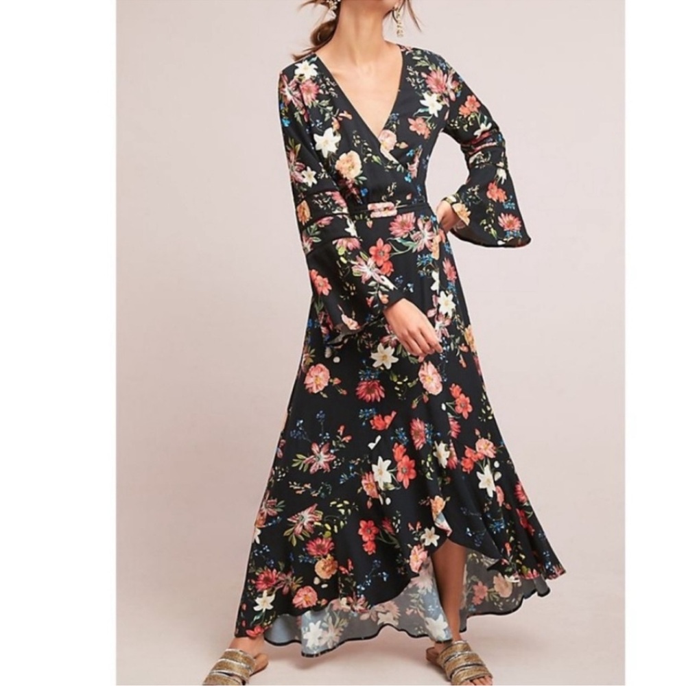 Anthropologie Farm Rio Summer Flower Black Wrap Dress